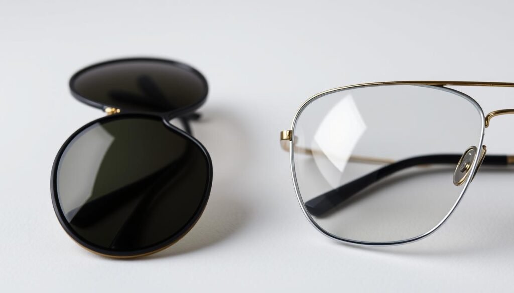 Comparison of plastic vs glass sunglasses showing the visual differences between materials