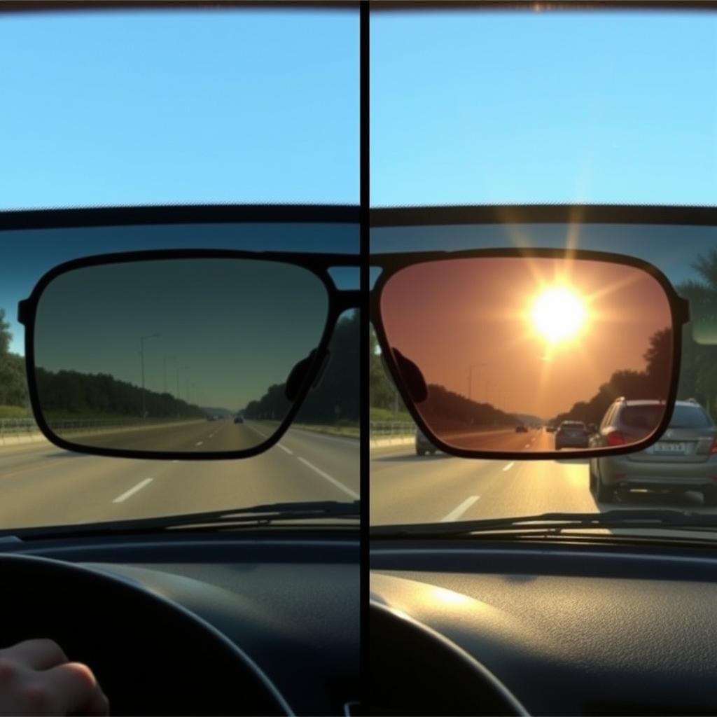 Driver's view through polarized sunglasses showing reduced road glare