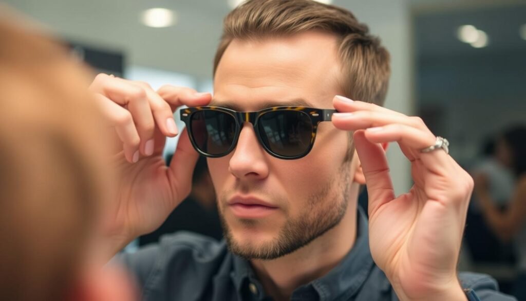 Person trying on sunglasses and checking fit in mirror
