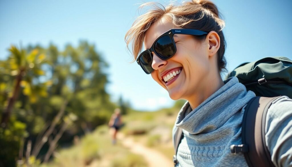 Person wearing plastic sunglasses comfortably during outdoor activities
