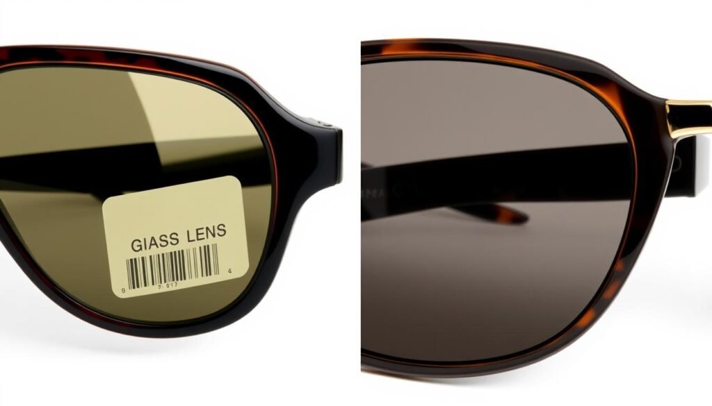 Premium sunglasses with plastic vs glass lenses showing price comparison