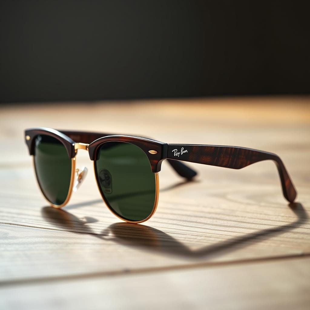 Ray-Ban Wayfarer sunglasses on wooden surface