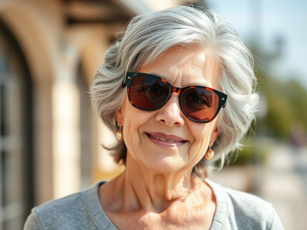 Senior woman wearing stylish wraparound sunglasses outdoors