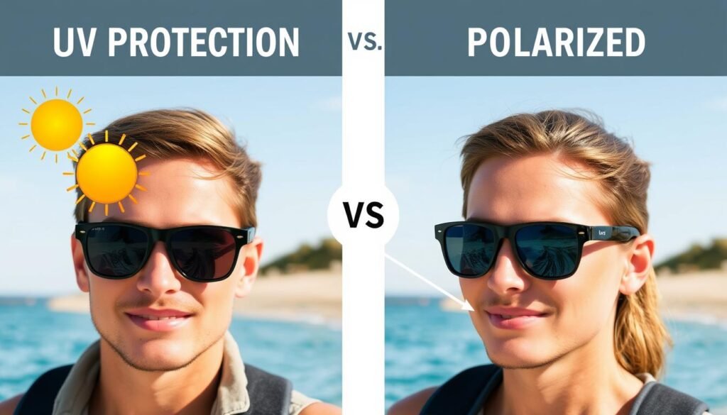 Side-by-side comparison of UV vs polarized sunglasses showing their different benefits