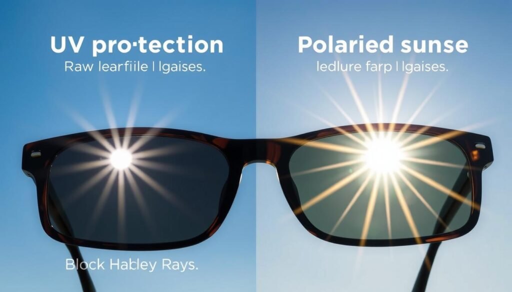 UV vs polarized sunglasses comparison showing sun rays being blocked by different lens types