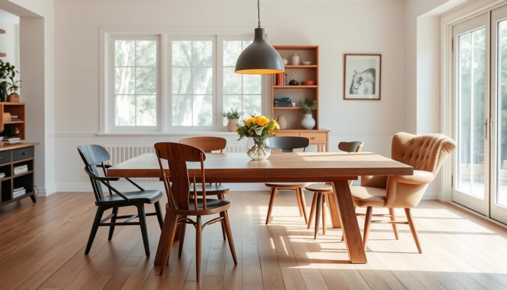 modern table with vintage chairs